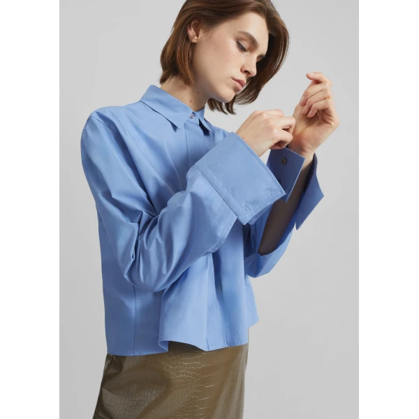 The Frankie Shop Kniva Cropped Shirt - Blue - Oversized Minimalist Tops in Blue - Shop at Luxury Shoes 