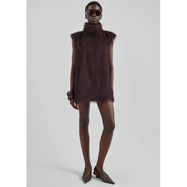 The Frankie Shop Lancy Fringed Funnel Neck Dress - Dark Brown - Oversized Minimalist Dresses in Brown - Shop at Luxury Shoes 