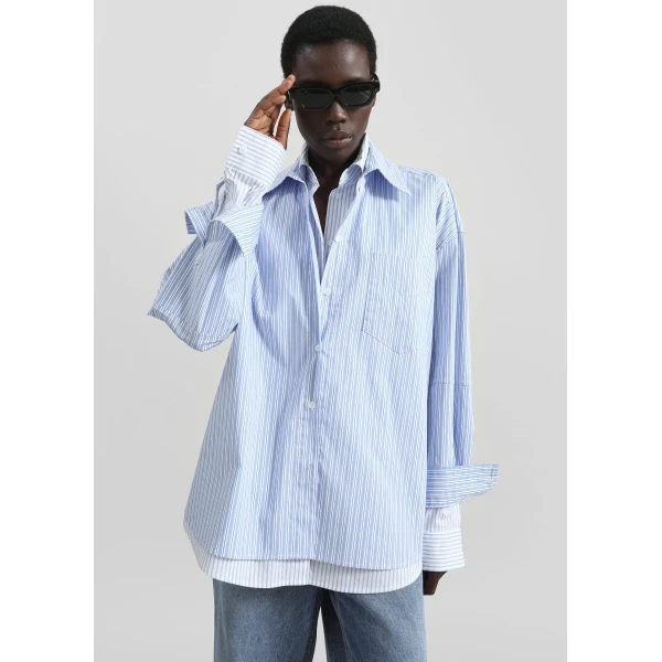 The Frankie Shop Lienz Double Shirt - Blue/White Stripe - Oversized Minimalist Tops in Blue - Shop at Luxury Shoes 
