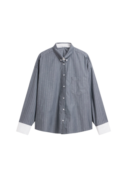 The Frankie Shop Lorna Shirt - Grey/White Pinstripe - Oversized Minimalist Tops in Grey - Shop at Luxury Shoes 