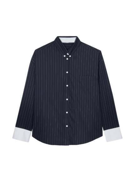 The Frankie Shop Lorna Shirt - Navy/White Pinstripe - Oversized Minimalist Tops in Blue - Shop at Luxury Shoes 