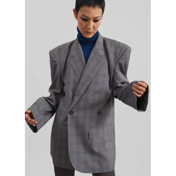 The Frankie Shop Marnay Padded Blazer - Grey Plaid - Oversized Minimalist Jackets in Grey - Shop at Luxury Shoes 
