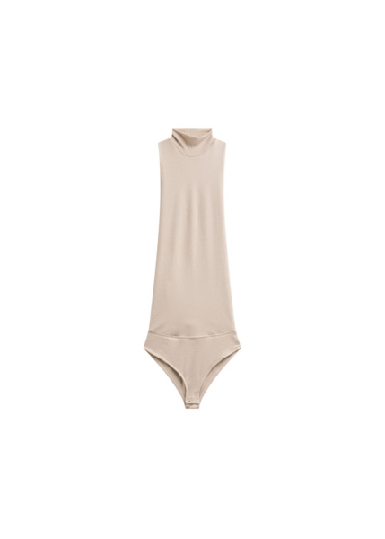 The Frankie Shop Maxen Mock Neck Bodysuit - Beige - Oversized Minimalist Bodysuit in Beige - Shop at Luxury Shoes 