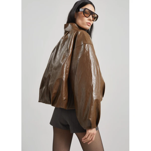 The Frankie Shop Milford Faux Leather Balloon Jacket - Brown - Oversized Minimalist Jackets in Brown - Shop at Luxury Shoes 