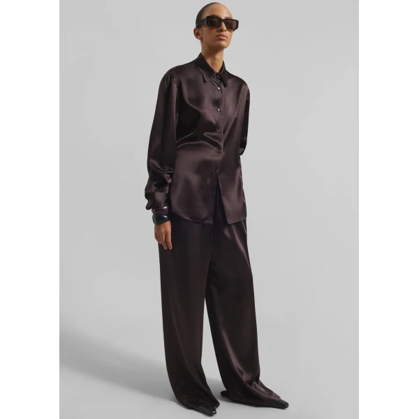 The Frankie Shop Mirca Satin Elastic Pants - Brown - Oversized Minimalist Pants in Brown - Shop at Luxury Shoes 