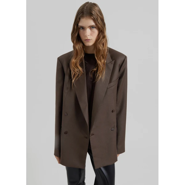 The Frankie Shop Newark Flannel Double Breasted Blazer - Mocha - Oversized Minimalist Jackets in Brown - Shop at Luxury Shoes 