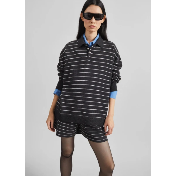 The Frankie Shop Nolma Knit Polo Sweater - Grey/White Stripe - Oversized Minimalist Tops in Grey - Shop at Luxury Shoes 