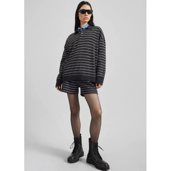 The Frankie Shop Nolma Knit Polo Sweater - Grey/White Stripe - Oversized Minimalist Tops in Grey - Shop at Luxury Shoes 