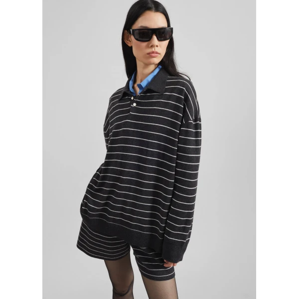 The Frankie Shop Nolma Knit Shorts - Grey/White Stripe - Oversized Minimalist Shorts in Grey - Shop at Luxury Shoes 