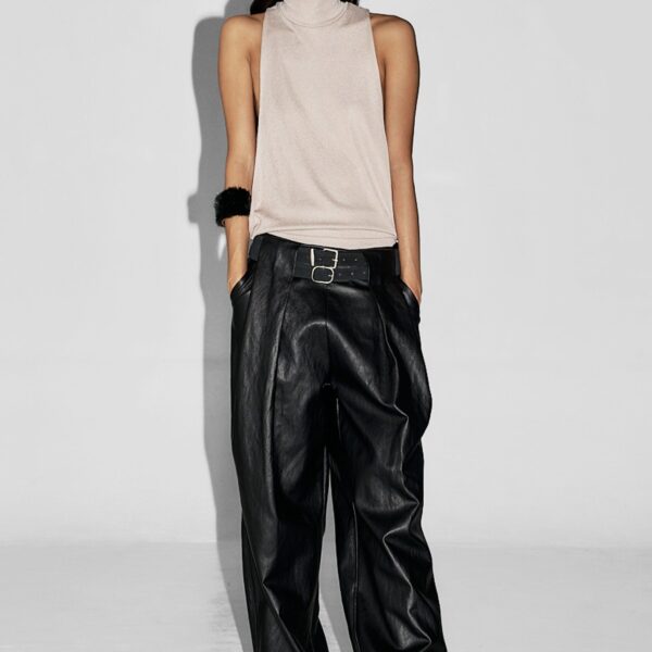 The Frankie Shop Olivet Faux Leather Trousers - Black - Oversized Minimalist Pants in Black - Shop at Luxury Shoes 