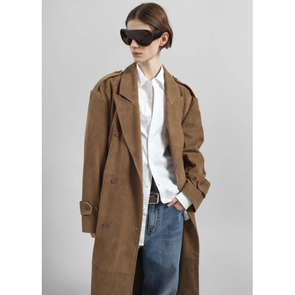 The Frankie Shop Pembroke Faux Suede Trench - Camel - Oversized Minimalist Coats in Brown - Shop at Luxury Shoes 