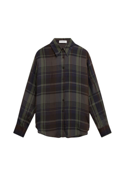 The Frankie Shop Peri Sheer Fluid Shirt - Navy Tartan - Oversized Minimalist Tops in Blue - Shop at Luxury Shoes 