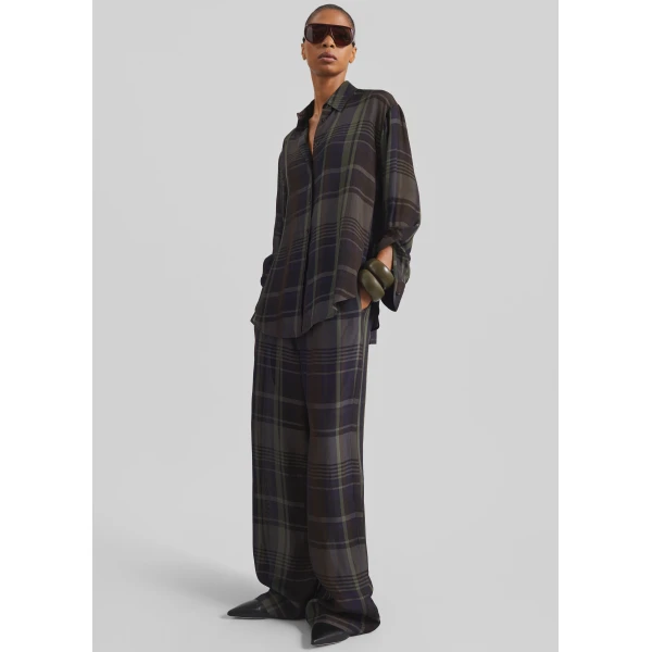 The Frankie Shop Peri Sheer Fluid Shirt - Navy Tartan - Oversized Minimalist Tops in Blue - Shop at Luxury Shoes 