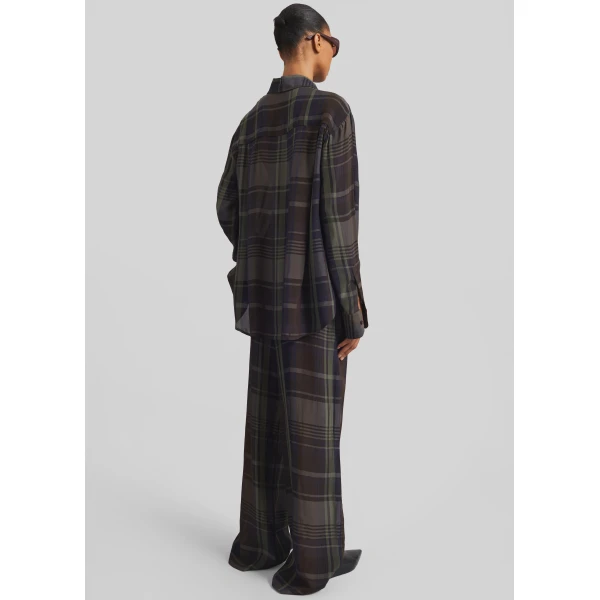 The Frankie Shop Peri Sheer Fluid Shirt - Navy Tartan - Oversized Minimalist Tops in Blue - Shop at Luxury Shoes 
