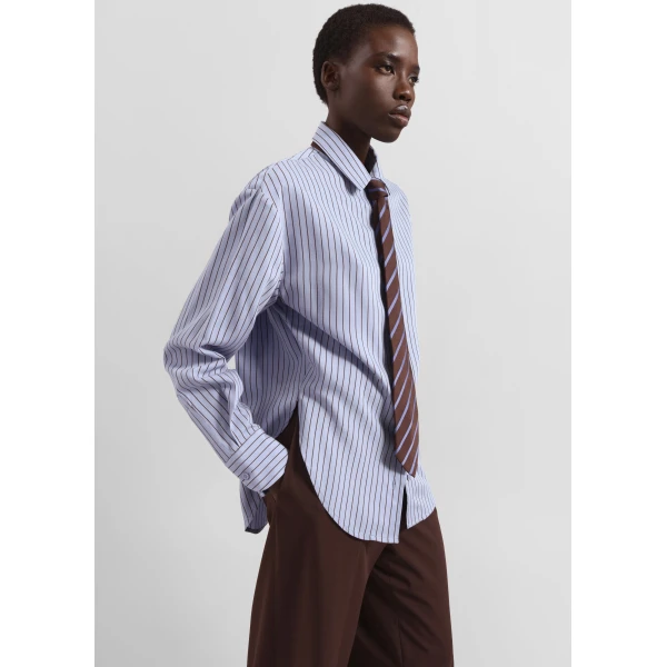 The Frankie Shop Peri Striped Fluid Shirt - Blue/Brown - Oversized Minimalist Tops in Blue - Shop at Luxury Shoes 