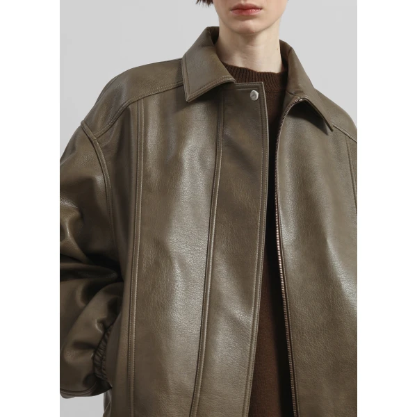 The Frankie Shop Prescott Faux Leather Jacket - Moss Green - Oversized Minimalist Jackets in Green - Shop at Luxury Shoes 