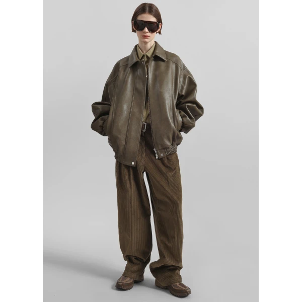 The Frankie Shop Prescott Faux Leather Jacket - Moss Green - Oversized Minimalist Jackets in Green - Shop at Luxury Shoes 