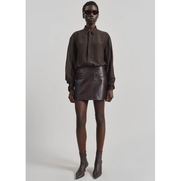 The Frankie Shop Rory Croc Leather Mini Skirt - Dark Brown - Oversized Minimalist Skirts in Brown - Shop at Luxury Shoes 