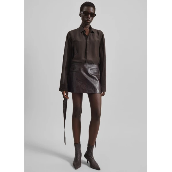 The Frankie Shop Rory Croc Leather Mini Skirt - Dark Brown - Oversized Minimalist Skirts in Brown - Shop at Luxury Shoes 