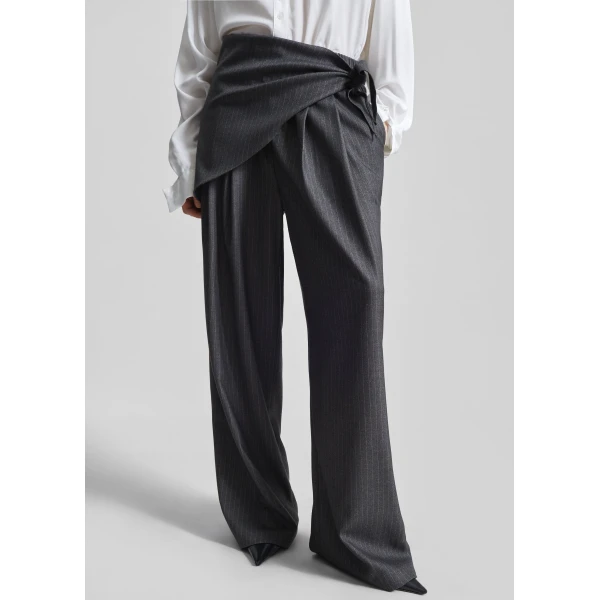 The Frankie Shop Rovigo Scarf Wrap Pants - Grey Stripe - Oversized Minimalist Pants in Grey - Shop at Luxury Shoes 