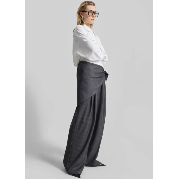 The Frankie Shop Rovigo Scarf Wrap Pants - Grey Stripe - Oversized Minimalist Pants in Grey - Shop at Luxury Shoes 