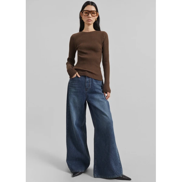 The Frankie Shop Ruan Ribbed Knit Top - Brown - Oversized Minimalist Tops in Brown - Shop at Luxury Shoes 