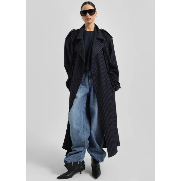 The Frankie Shop Salford Pinstripe Trench - Navy - Oversized Minimalist Coats in Blue - Shop at Luxury Shoes 