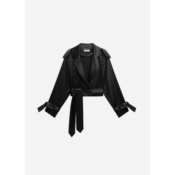 The Frankie Shop Simona Satin Short Trench - Black - Oversized Minimalist Shorts in Black - Shop at Luxury Shoes 