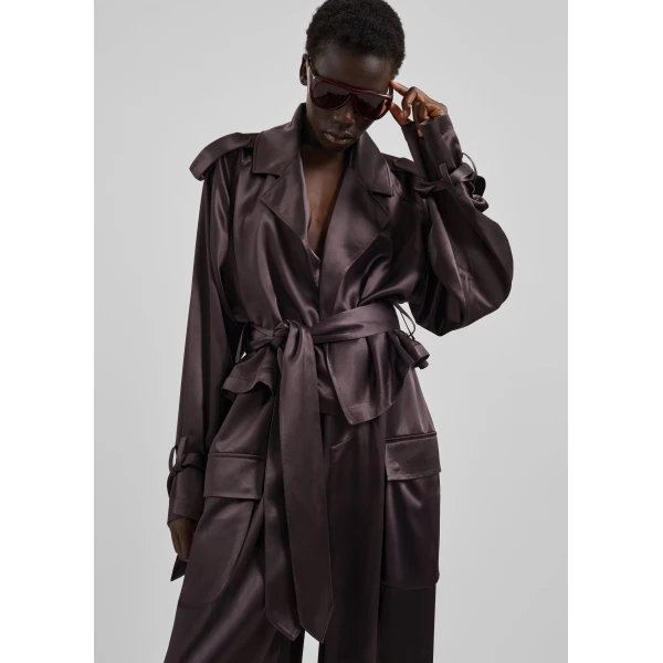 The Frankie Shop Simona Satin Short Trench - Dark Brown - Oversized Minimalist Shorts in Brown - Shop at Luxury Shoes 