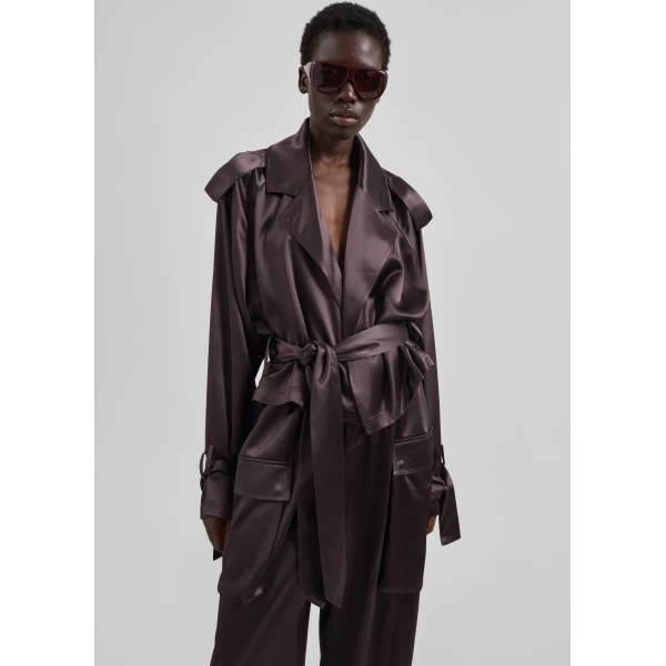The Frankie Shop Simona Satin Short Trench - Dark Brown - Oversized Minimalist Shorts in Brown - Shop at Luxury Shoes 