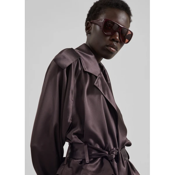 The Frankie Shop Simona Satin Short Trench - Dark Brown - Oversized Minimalist Shorts in Brown - Shop at Luxury Shoes 