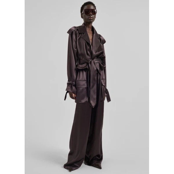 The Frankie Shop Simona Satin Short Trench - Dark Brown - Oversized Minimalist Shorts in Brown - Shop at Luxury Shoes 