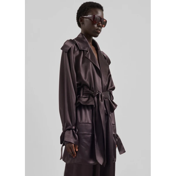 The Frankie Shop Simona Satin Short Trench - Dark Brown - Oversized Minimalist Shorts in Brown - Shop at Luxury Shoes 