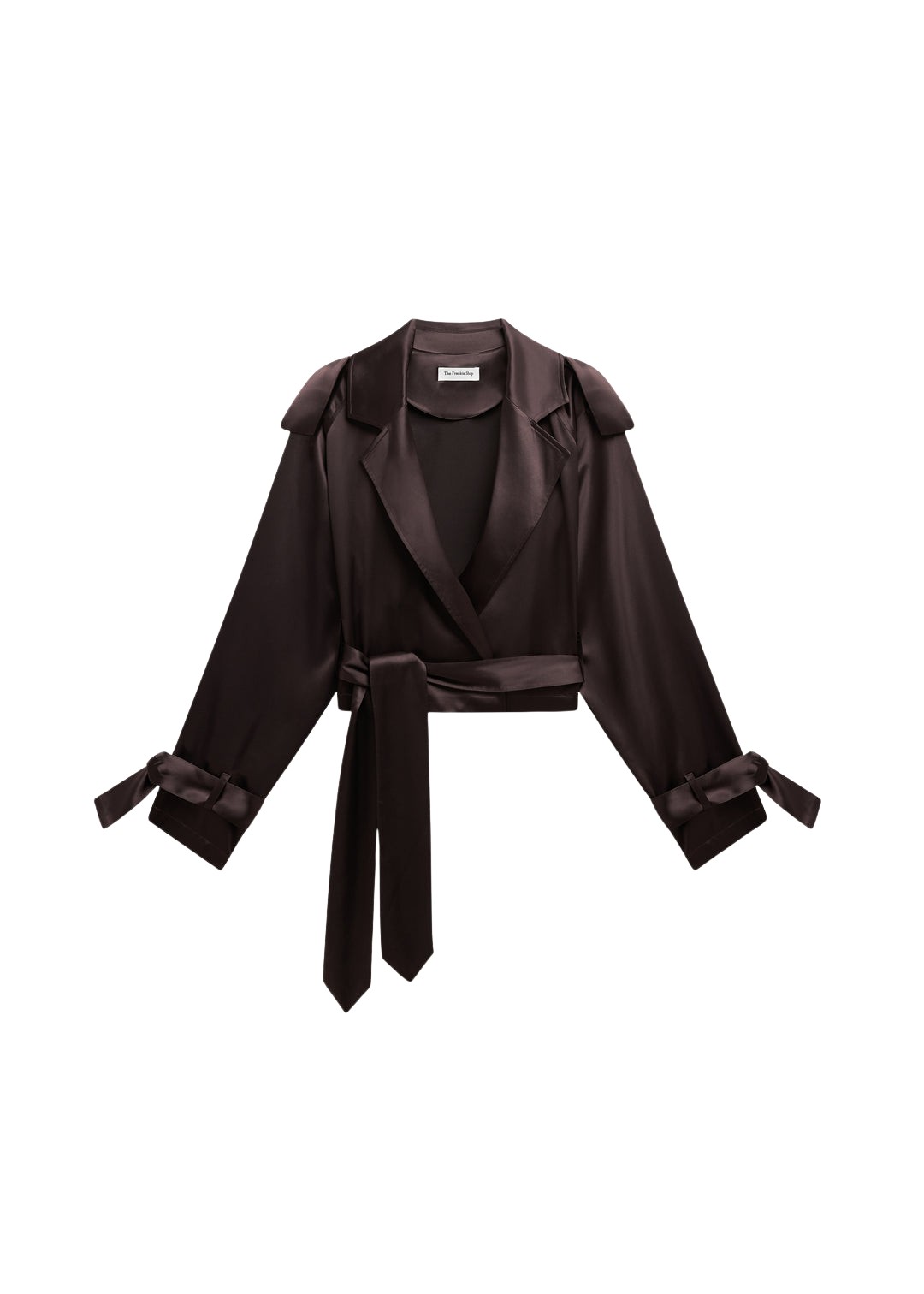 The-Frankie-Shop-Simona-Satin-Short-Trench-Dark-Brown-coveti-927566_nobg The Frankie Shop Simona Satin Short Trench - Dark Brown - Oversized Minimalist Shorts in Brown - Shop at Luxury Shoes