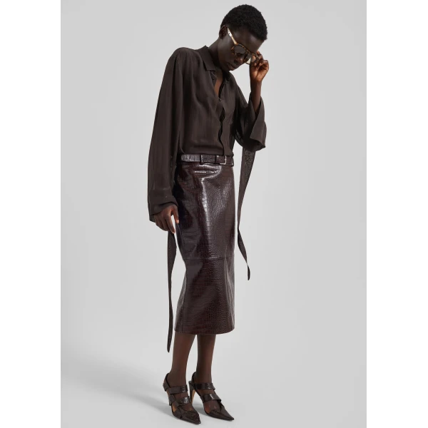 The Frankie Shop Taney Croc Leather Pencil Skirt - Dark Brown - Oversized Minimalist Skirts in Brown - Shop at Luxury Shoes 