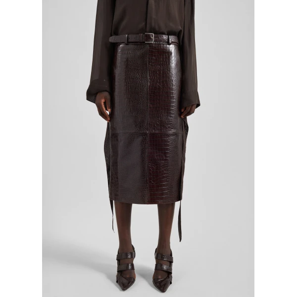 The Frankie Shop Taney Croc Leather Pencil Skirt - Dark Brown - Oversized Minimalist Skirts in Brown - Shop at Luxury Shoes 