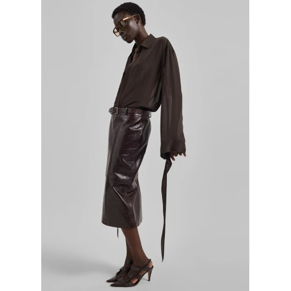 The Frankie Shop Taney Croc Leather Pencil Skirt - Dark Brown - Oversized Minimalist Skirts in Brown - Shop at Luxury Shoes 