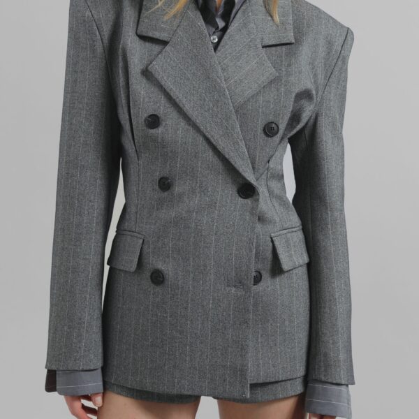 The Frankie Shop Tenby Striped Cinched Blazer - Grey Melange - Oversized Minimalist Jackets in Grey - Shop at Luxury Shoes 