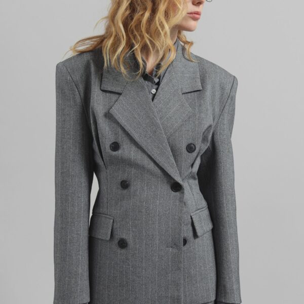 The Frankie Shop Tenby Striped Cinched Blazer - Grey Melange - Oversized Minimalist Jackets in Grey - Shop at Luxury Shoes 