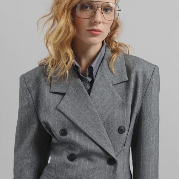 The Frankie Shop Tenby Striped Cinched Blazer - Grey Melange - Oversized Minimalist Jackets in Grey - Shop at Luxury Shoes 
