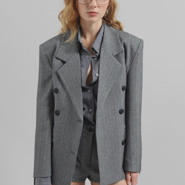 The Frankie Shop Tenby Striped Cinched Blazer - Grey Melange - Oversized Minimalist Jackets in Grey - Shop at Luxury Shoes 
