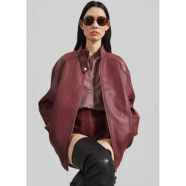 The Frankie Shop Troye Faux Leather Bomber Jacket - Burgundy - Oversized Minimalist Jackets in Red - Shop at Luxury Shoes 