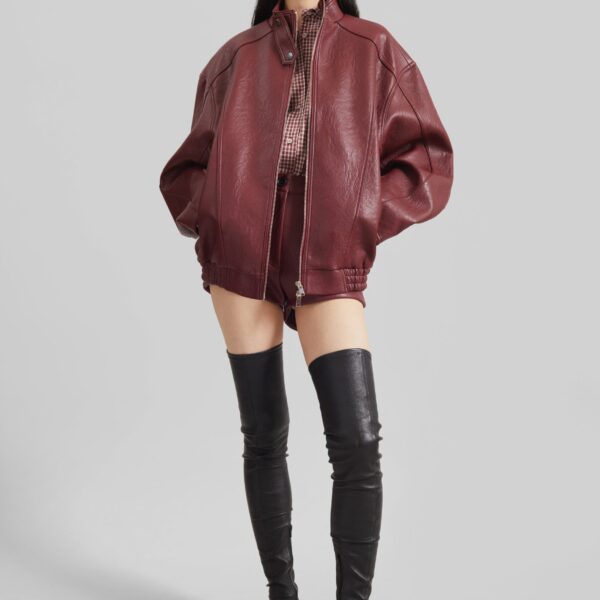 The Frankie Shop Troye Faux Leather Hot Pants - Burgundy - Oversized Minimalist Pants in Red - Shop at Luxury Shoes 