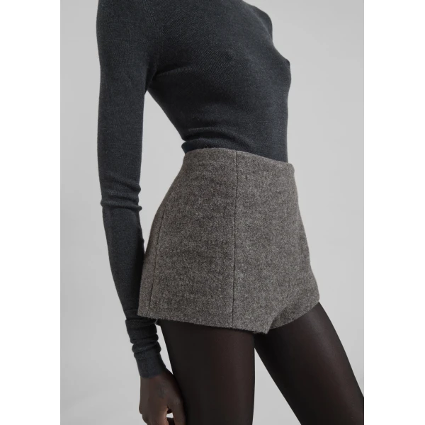 The Frankie Shop Vail Brushed Wool Hot Pants - Grey Melange - Oversized Minimalist Pants in Grey - Shop at Luxury Shoes 