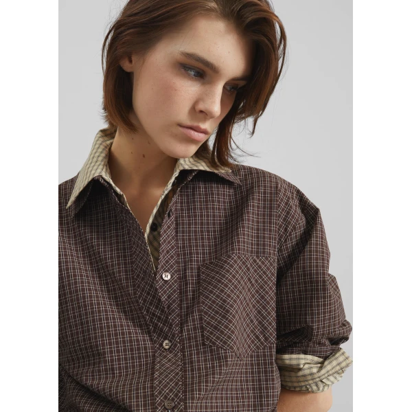The Frankie Shop Vesta Cotton Shirt - Brown Plaid - Oversized Minimalist Tops in Brown - Shop at Luxury Shoes 