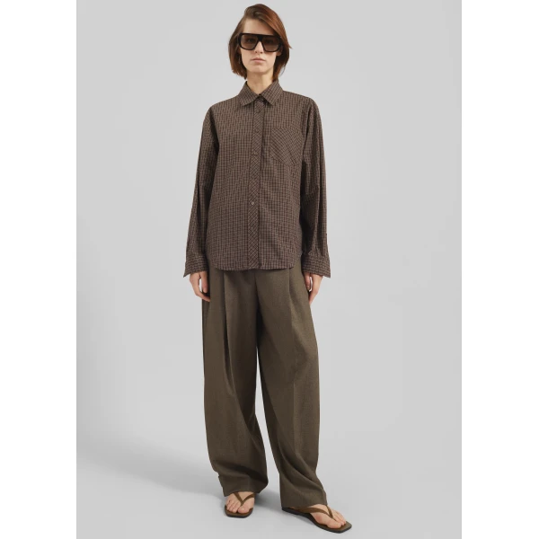 The Frankie Shop Vesta Cotton Shirt - Brown Plaid - Oversized Minimalist Tops in Brown - Shop at Luxury Shoes 