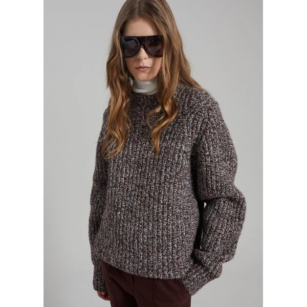 The Frankie Shop Vezia Chunky Knit Sweater - Brown Melange - Oversized Minimalist Knitwear in Brown - Shop at Luxury Shoes 
