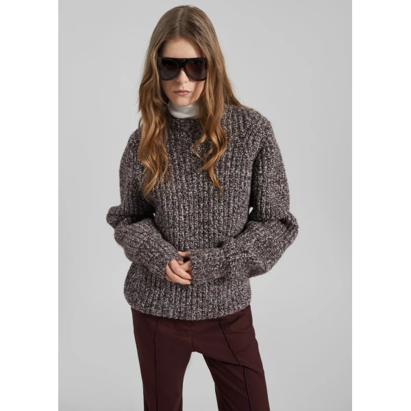 The Frankie Shop Vezia Chunky Knit Sweater - Brown Melange - Oversized Minimalist Knitwear in Brown - Shop at Luxury Shoes 