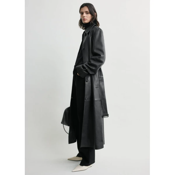 Belted leather coat black - Image 3