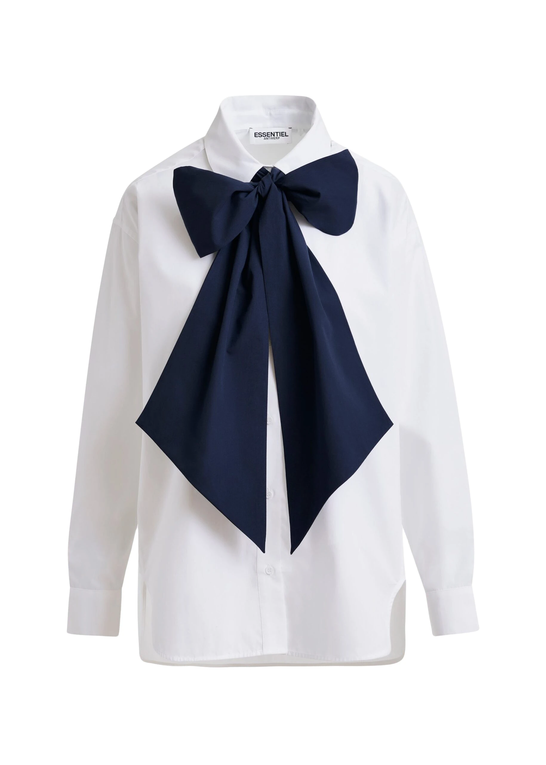 White-and-navy-cotton-shirt-with-removable-bow-tie-Essentiel-Antwerp-Shirts-scaled15907_nobg Essentiel Antwerp White and navy cotton shirt with removable bow tie - Essentiel Antwerp Shirts - Colorful Belgian Design - Shop at Luxury Shoes